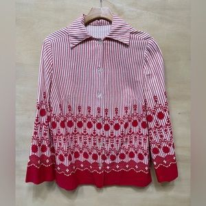 Vintage 70s Cotton Top Sz M Floral Print Red White Stripes Blouse Cuff Sleeves
